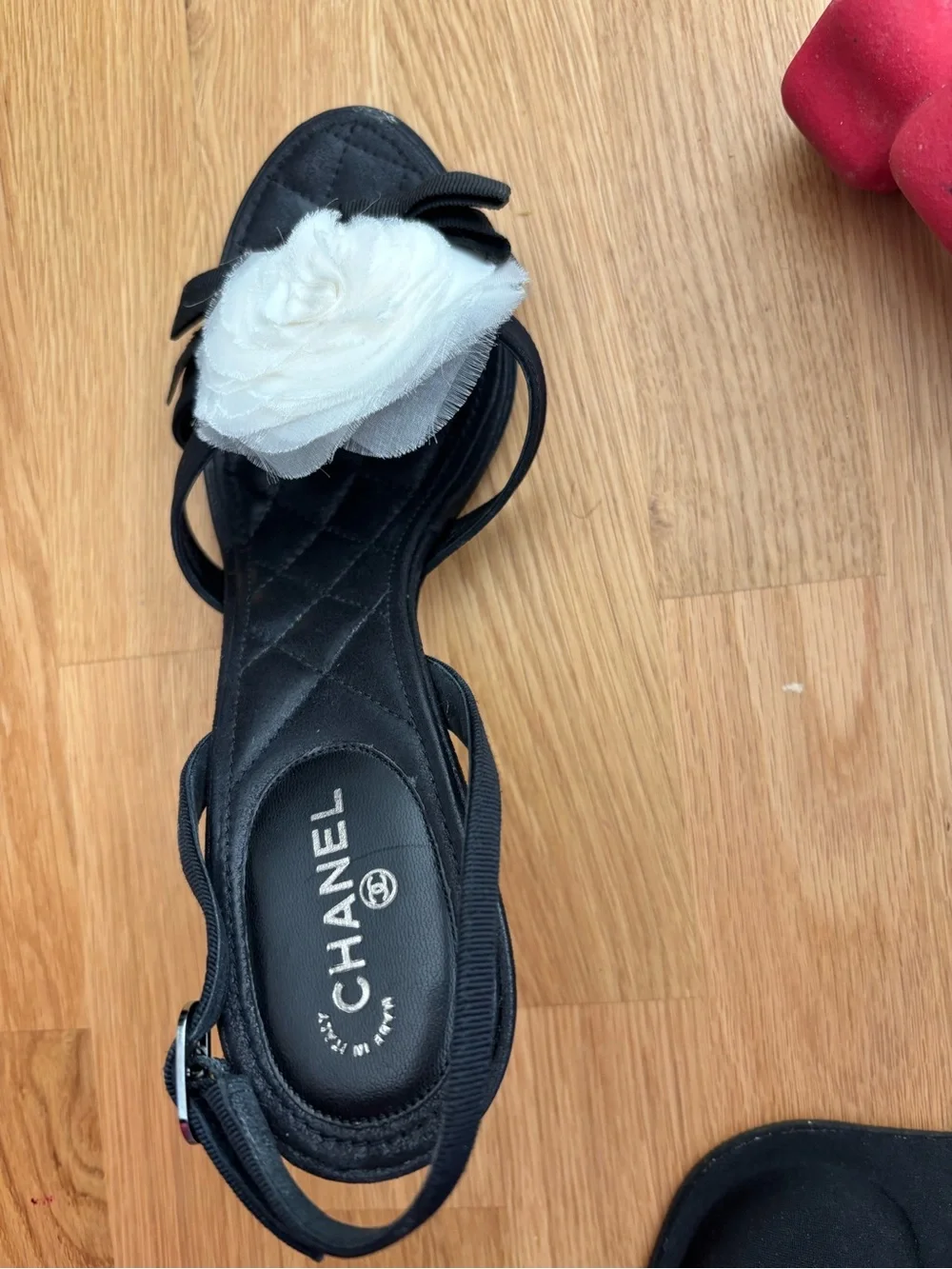 CHANEL Black Slingback Sandal with Cream Camellia